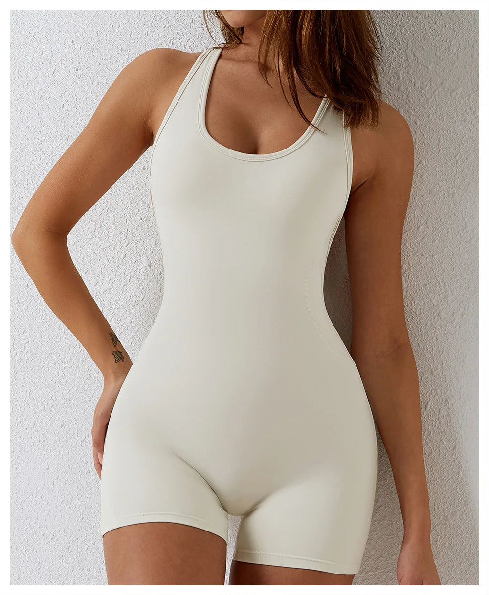 Open Back Jumpsuit for Women Workout Gym Romper Padded Yoga Set V Neck Gym Suit Backless Bodysuit Fitness Padded Gym Clothing