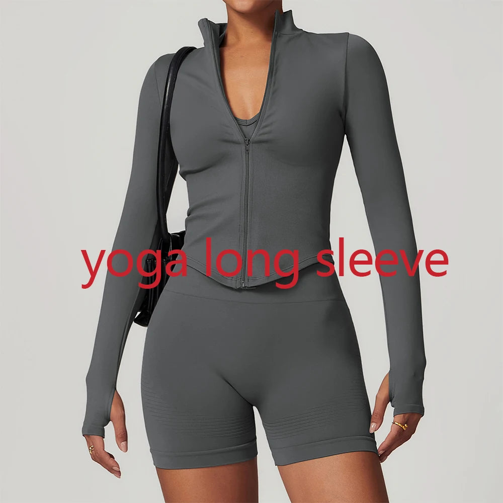 Seamless Outdoor Sports Long Sleeved Women Yoga Coat Quick Dry Zipper Cardigan Stand Up Collar Jacket Running Fitness Jacket Top