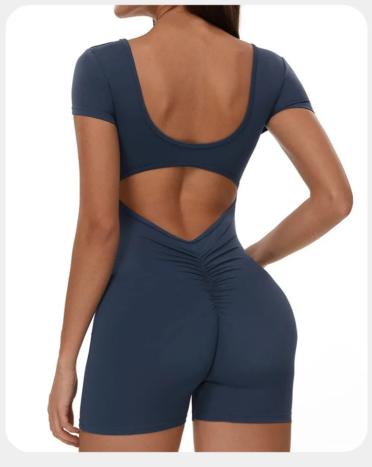 Fitness Jumpsuit Women Tracksuit Sports Short Sleeves Playsuit Running One Piece Yoga Suit Scrunch Shorts Backless Set Rompers