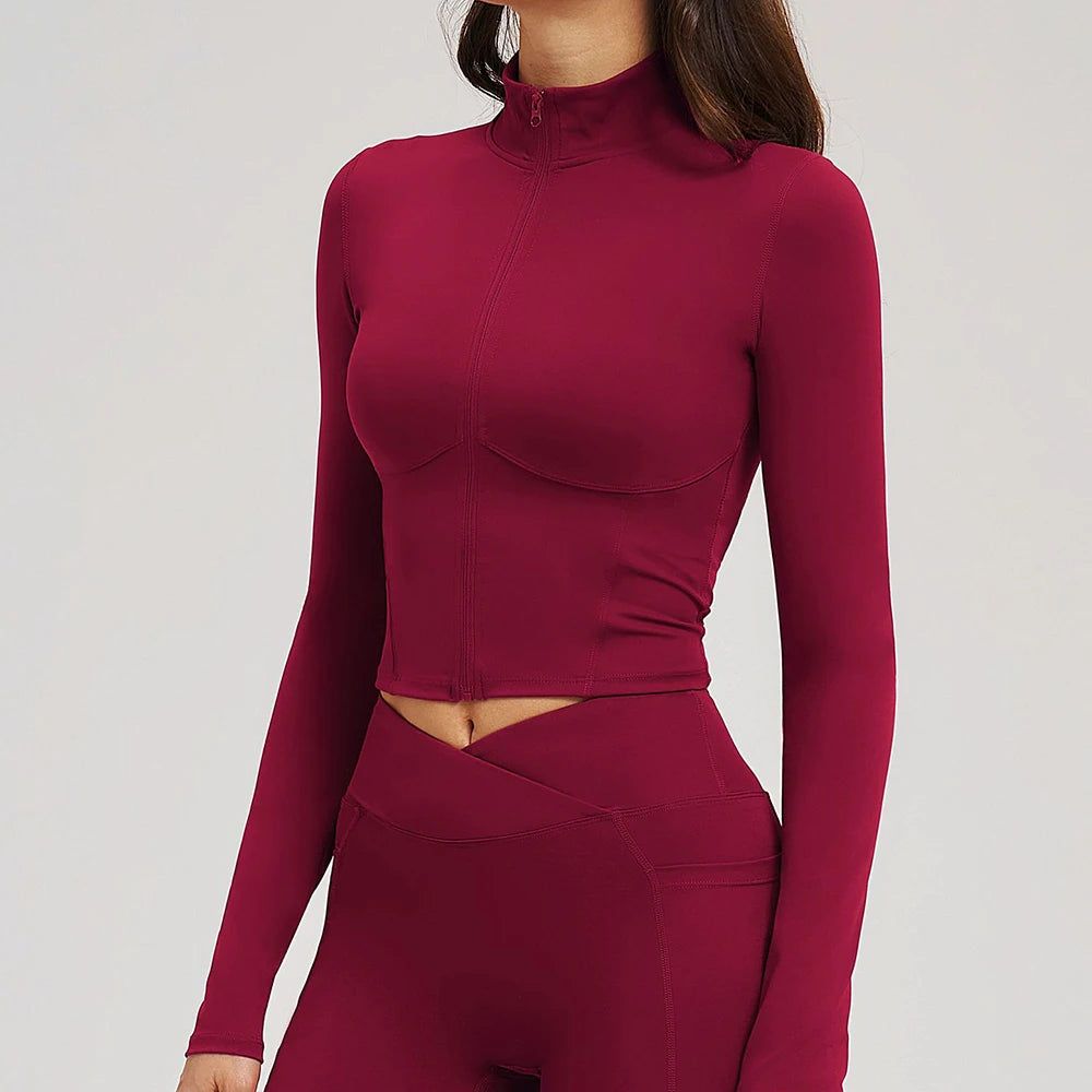 Yoga Long Sleeve Zipper Jacket Women Crop Tops T-shirts Solid Sports Top Running Shirts Sexy Quick Dry Fitness Gym Sport Wear