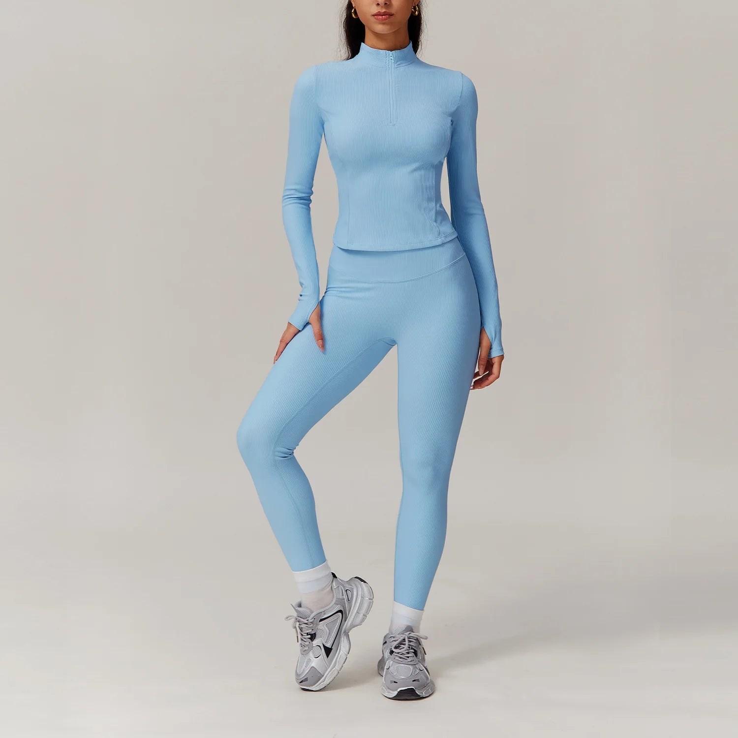 2 Pieces Yoga Suit Women Sports Set Ribbed Gym Set Women Tracksuit Running Workout Zipper Long Sleeve Sports Shirt Yoga Clothing