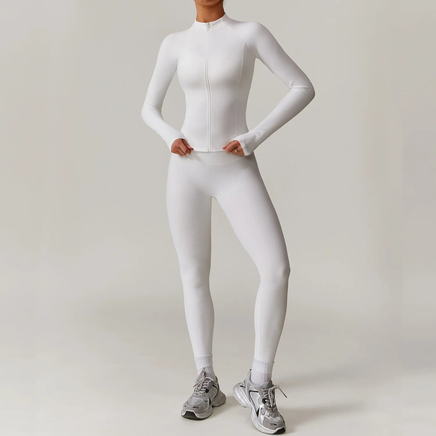 2 Pieces Yoga Suit Women Sports Set Ribbed Gym Set Women Tracksuit Running Workout Zipper Long Sleeve Sports Shirt Yoga Clothing