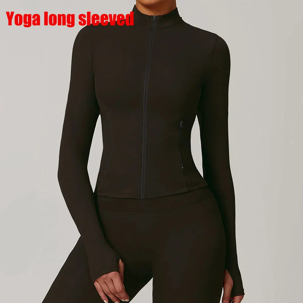 Women Outdoor Running Fitness Wear T-shirt Long Sleeved Thumb Holes Top Zipper Yoga Long Sleeved Yoga Shirt Gym Push Up Workout