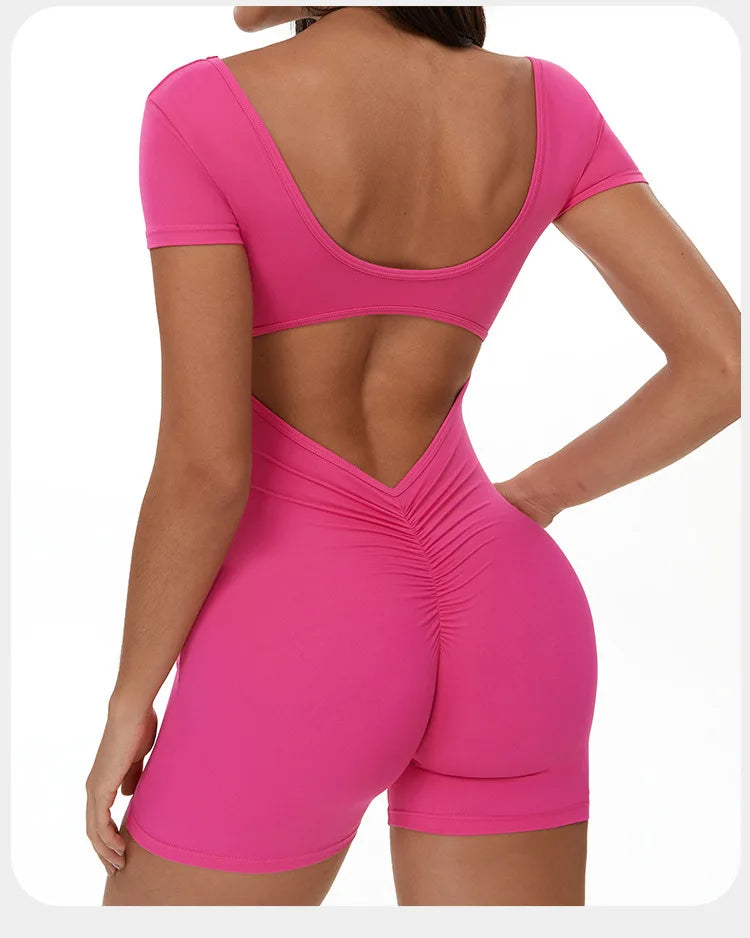Fitness Jumpsuit Women Tracksuit Sports Short Sleeves Playsuit Running One Piece Yoga Suit Scrunch Shorts Backless Set Rompers