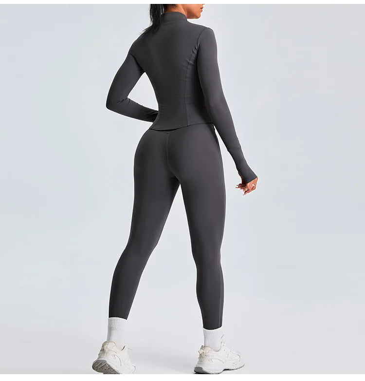 Women 2PCS Yoga Set Workout Clothes Long Sleeve Jacket Gym Crop Top High Waist Leggings Fitness Sports Wear Sport Suit Gymwear