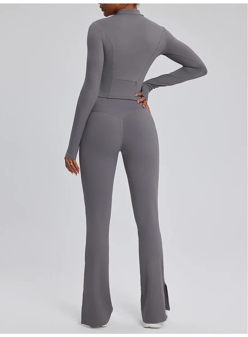 2PCS Yoga Suit Gym Set Women Clothes Running Tracksuit Workout Long Sleeve High Waist Bell-bottoms Sports Shirt Yoga Clothing