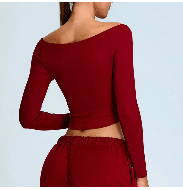 Off Shoulder Long Sleeve Yoga T-shirts Women Solid Sports Top Gym Workout Running Shirts Sexy Quick Dry Fitness Gym Sport Wear