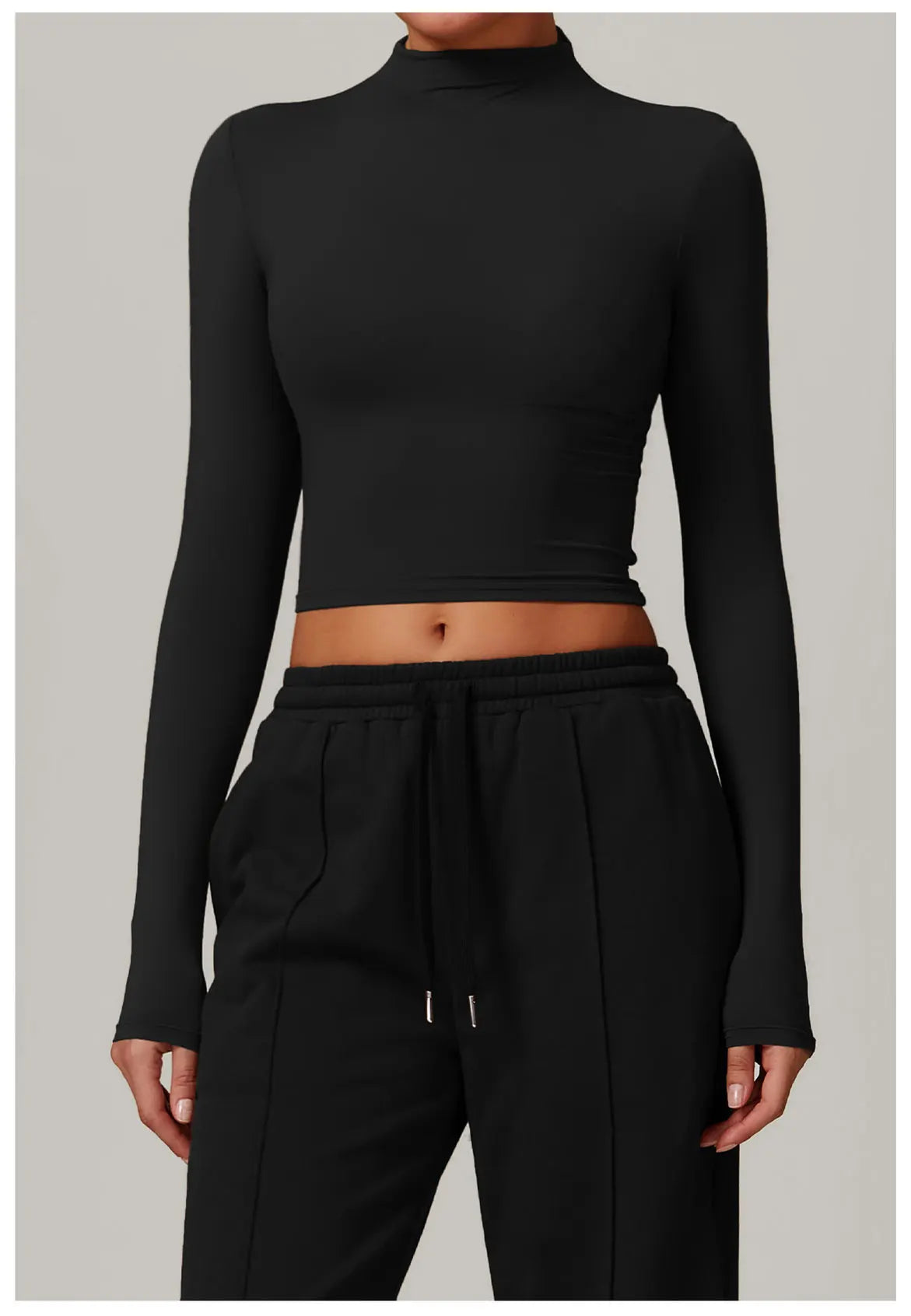Women Crop Tops High Neck Yoga T-shirts Solid Sports Top Long Sleeve Running Shirts Exposed Navel Quick Dry Fitness Gym Sport