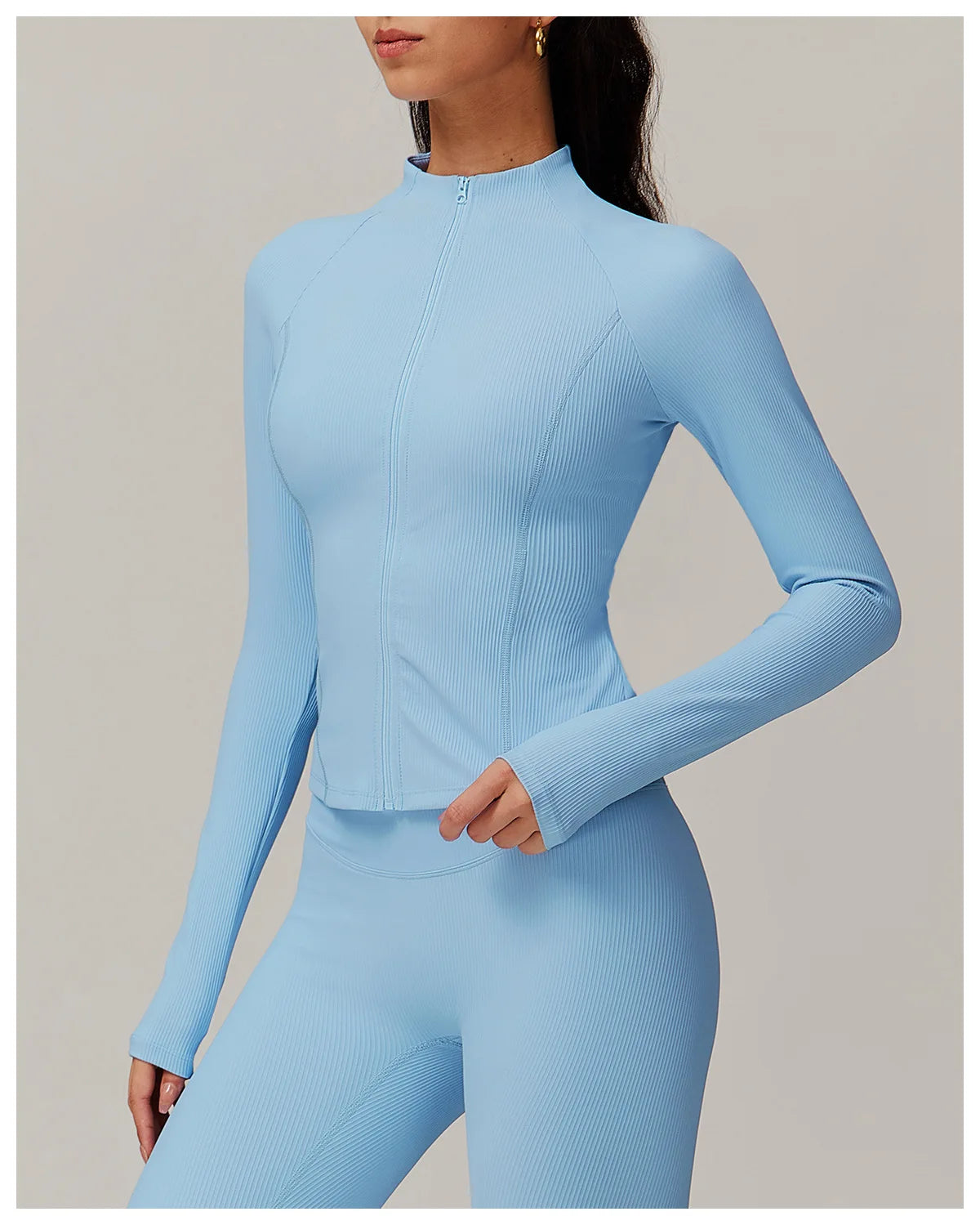 Ribbed Sports Long Sleeved Women Slim Yoga Clothes Quick Dry Zipper Cardigan Stand Up Collar Jacket Running Fitness Jacket Top