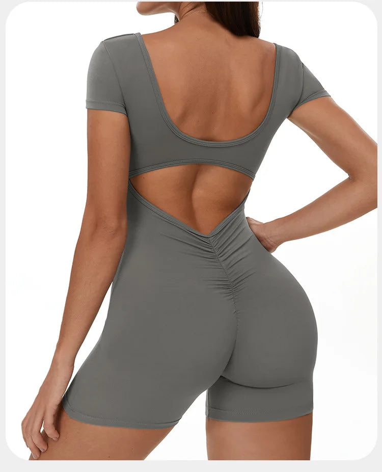 Fitness Jumpsuit Women Tracksuit Sports Short Sleeves Playsuit Running One Piece Yoga Suit Scrunch Shorts Backless Set Rompers