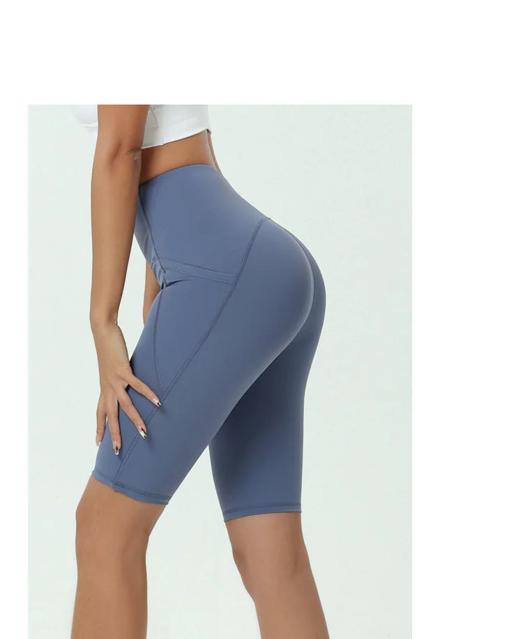 Comfortable Skin Friendly Summer High Waist Yoga Shorts Gym Hip Lift Pants Pocket Breathable Running Cycling Sports Shorts Women