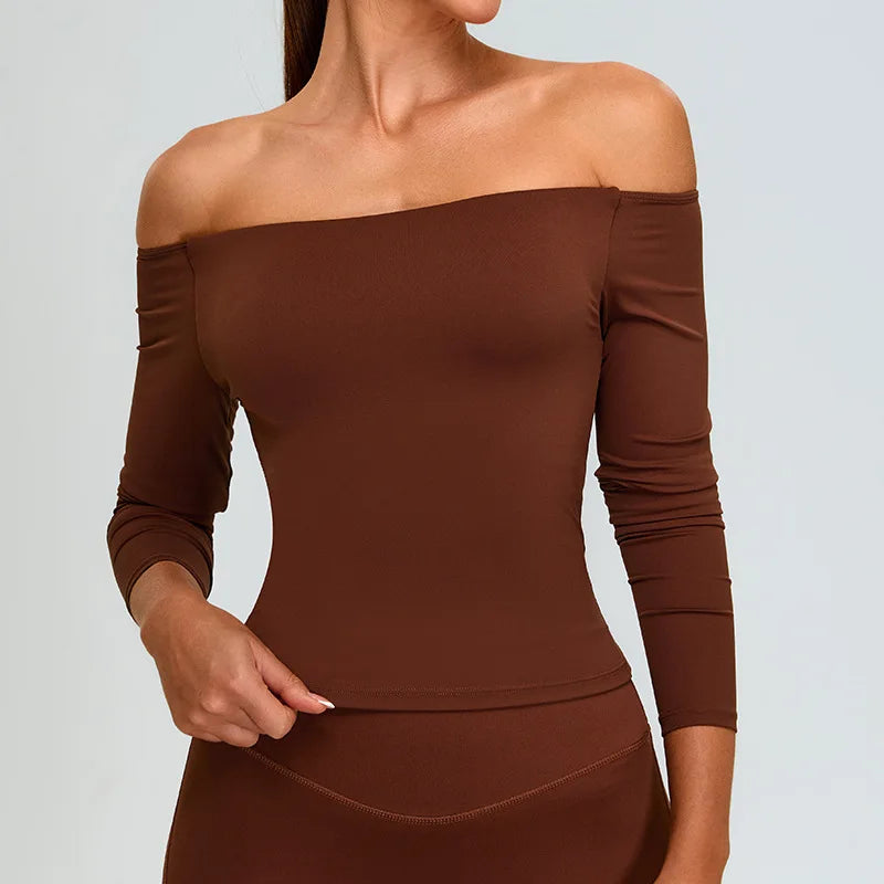 Sexy Off Shoulder Long Sleeved Tops Women's Yoga Long Sleeved Sports T-shirt Top Workout Running Tight Fitting Fitness Clothes