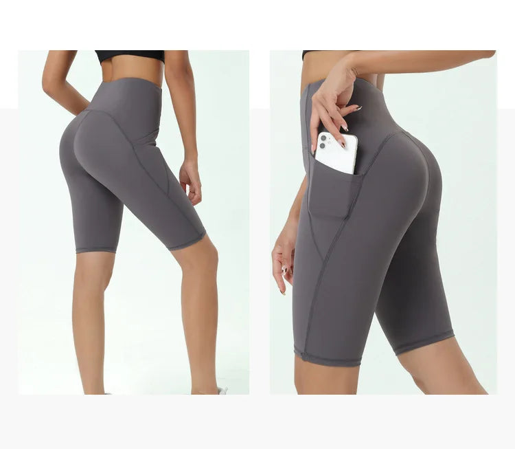Comfortable Skin Friendly Summer High Waist Yoga Shorts Gym Hip Lift Pants Pocket Breathable Running Cycling Sports Shorts Women