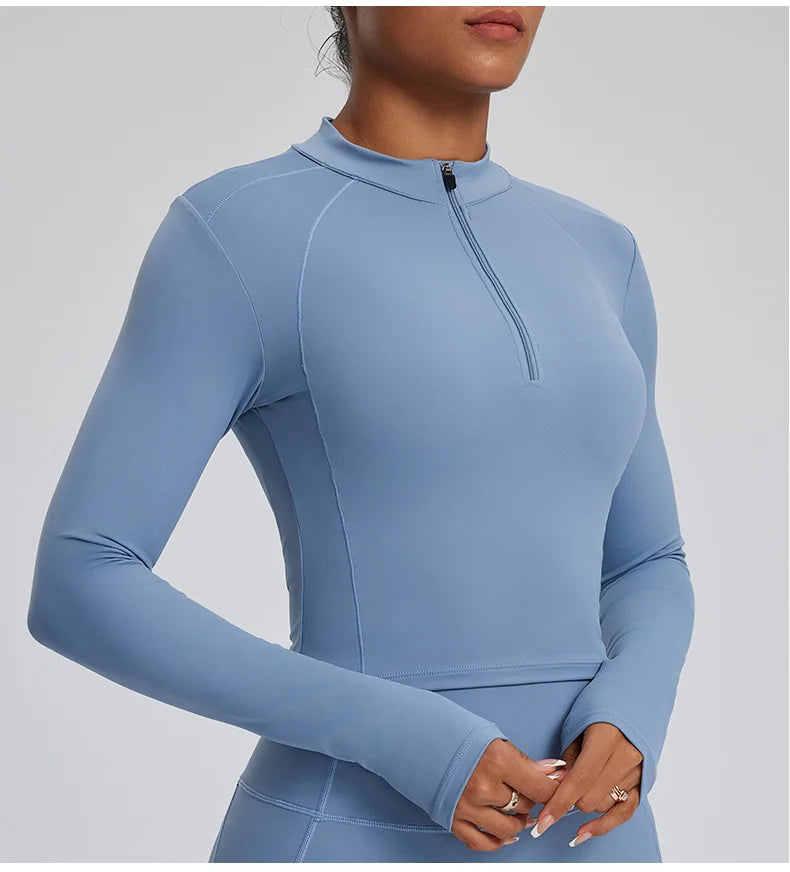 Half Zipper Long Sleeve Yoga Shirts Sport Top Fitness Yoga Top Gym Top Sports Wear For Women Push Up Running Full Sleeve Jacket