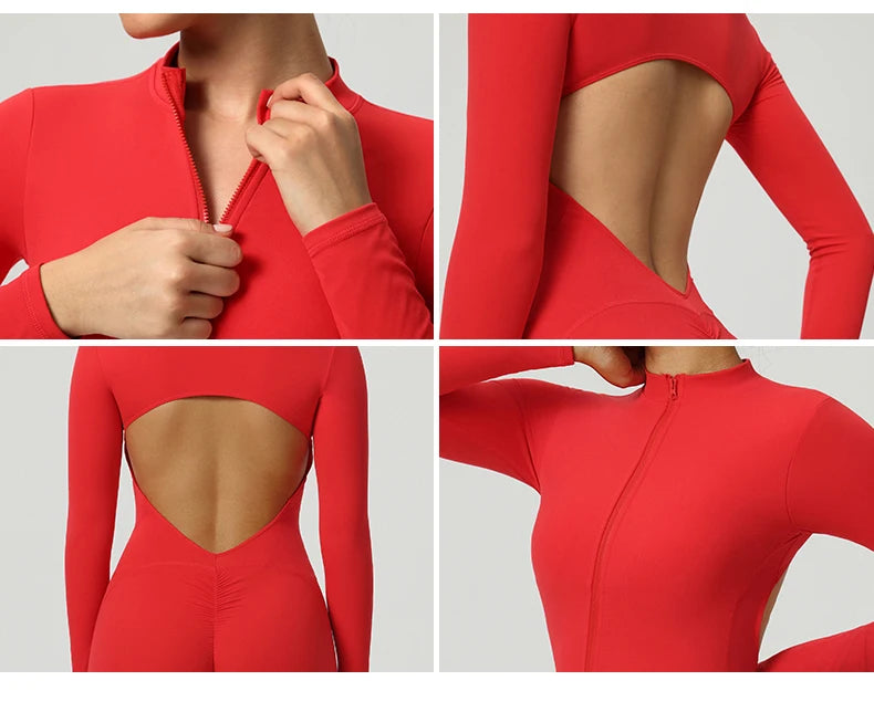 Zipper Yoga Jumpsuits Sports Overalls Fitness Long-Sleeved One-Piece Workout Romper Running Gym Tracksuits for Women Sportswear