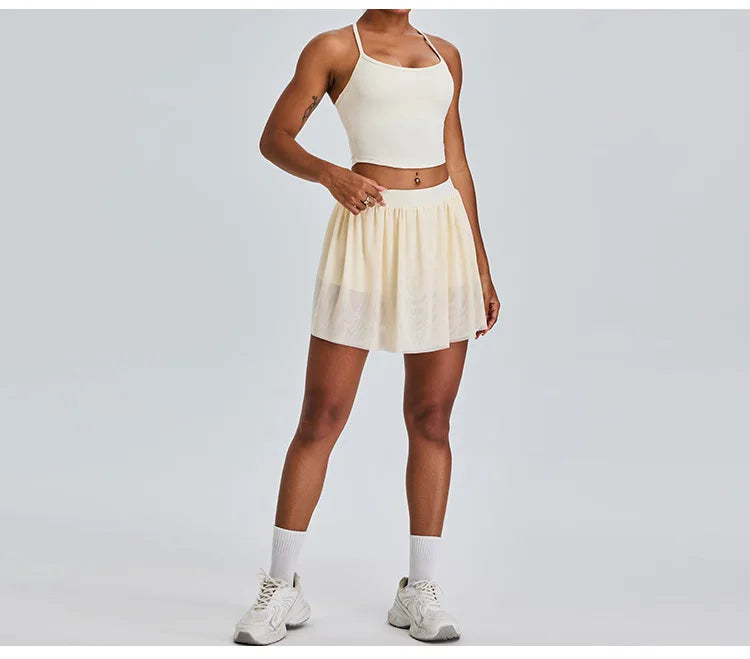2 Piece Sportswear Leisure Sports Short Skirt Yoga Set Women's Belt Lined Mesh Pleated Tennis Skirt Running Push Up Fitness Suit