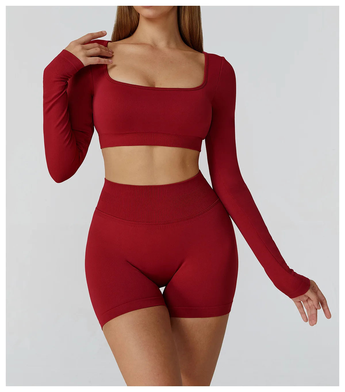 Seamless Casual Quick Dry Sportswear Women Square Neck Gym Top Women Fitness Sports Crop Top Female Long Sleeve Yoga Clothing