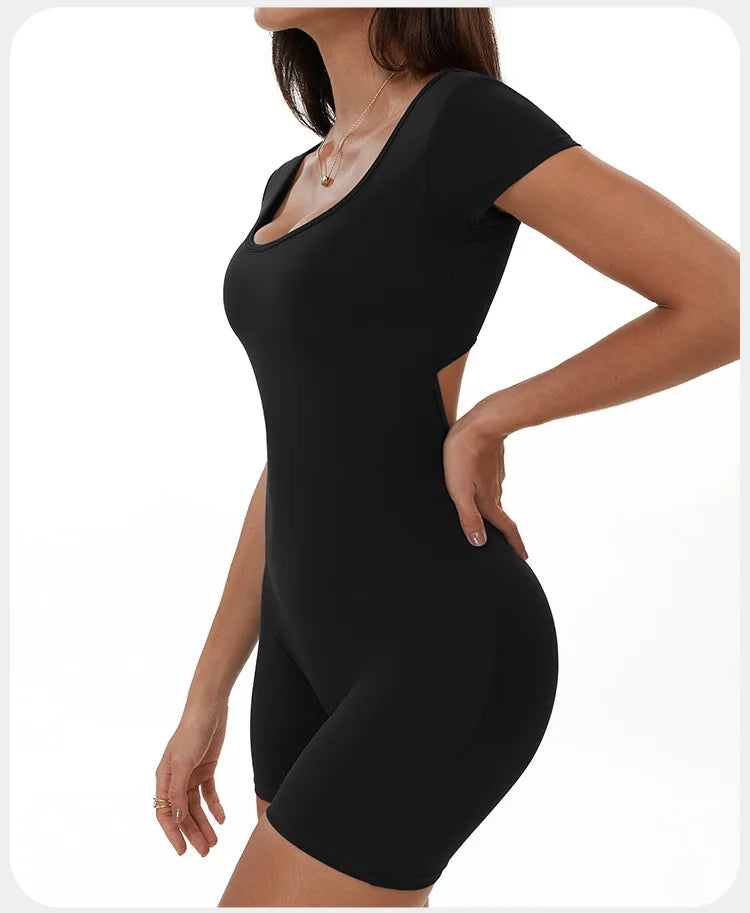 Fitness Jumpsuit Women Tracksuit Sports Short Sleeves Playsuit Running One Piece Yoga Suit Scrunch Shorts Backless Set Rompers