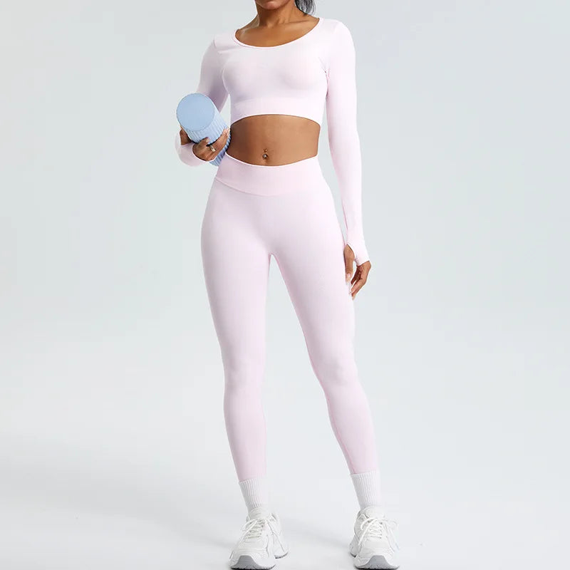 Yoga T-shirts Women Crop Top Solid Sports Top Long Sleeve Seamless Running Shirts Exposed Navel Quick Dry Fitness Gym Sport Wear