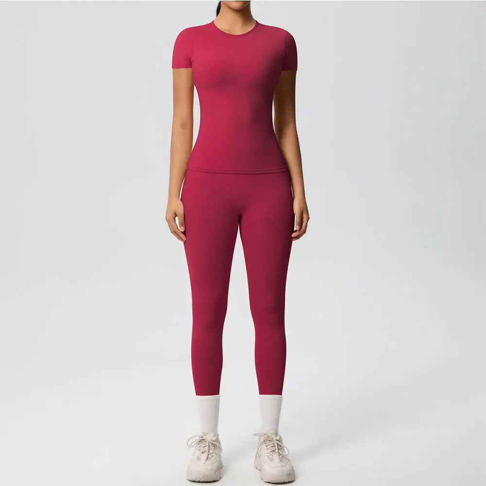 2PCS Yoga Set Women's Tracksuit Quick-Drying Gym Leggings Set Short Sleeve Breathable Gym Yoga Slim Fitness Active Top