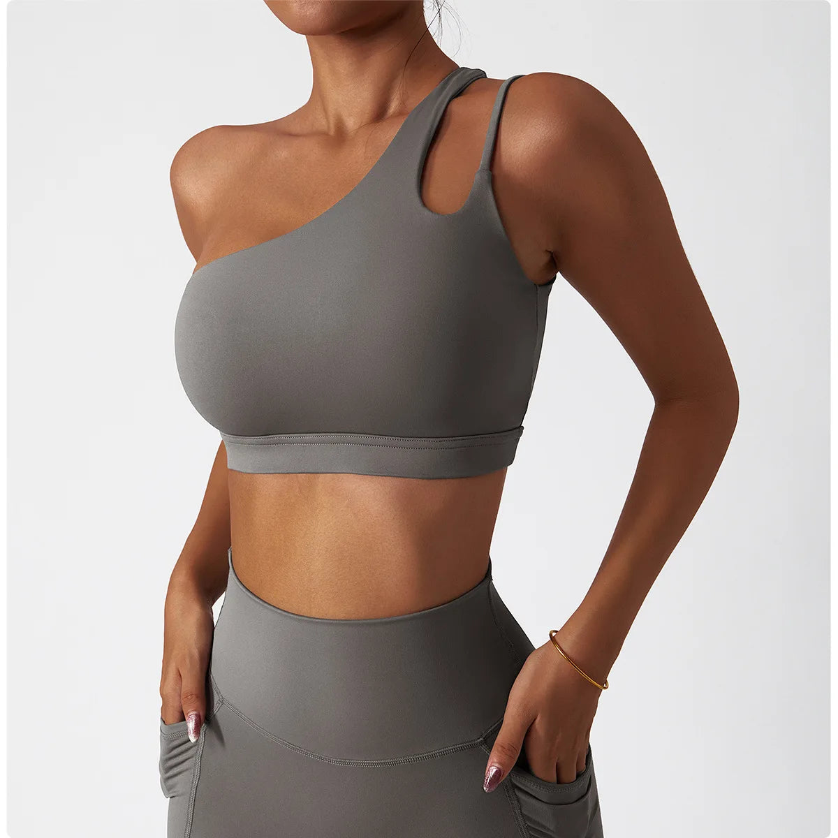 Comfort Single Strap Yoga Bra Chest Pad Running Women Sports Underwear Gym Top Stretch Pull Up Bra Women Vest Fitness Tank Top