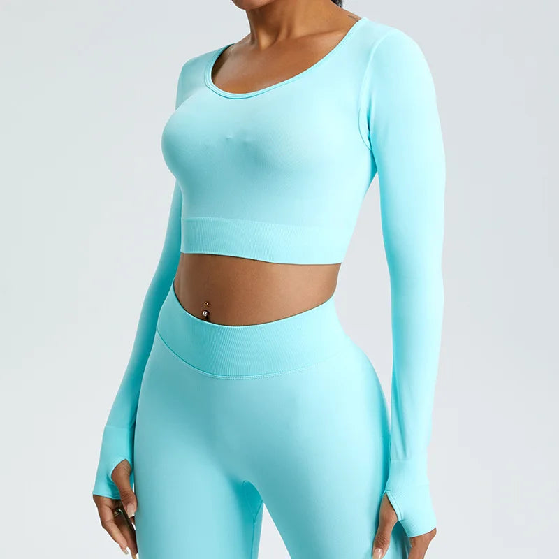 Yoga T-shirts Women Crop Top Solid Sports Top Long Sleeve Seamless Running Shirts Exposed Navel Quick Dry Fitness Gym Sport Wear