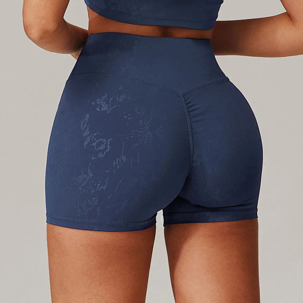 Elastic Yoga Shorts Women High Waist Tummy Control Ruched Booty Pants Printed Butt Lifting Push Up Gym Workout Compression Tight