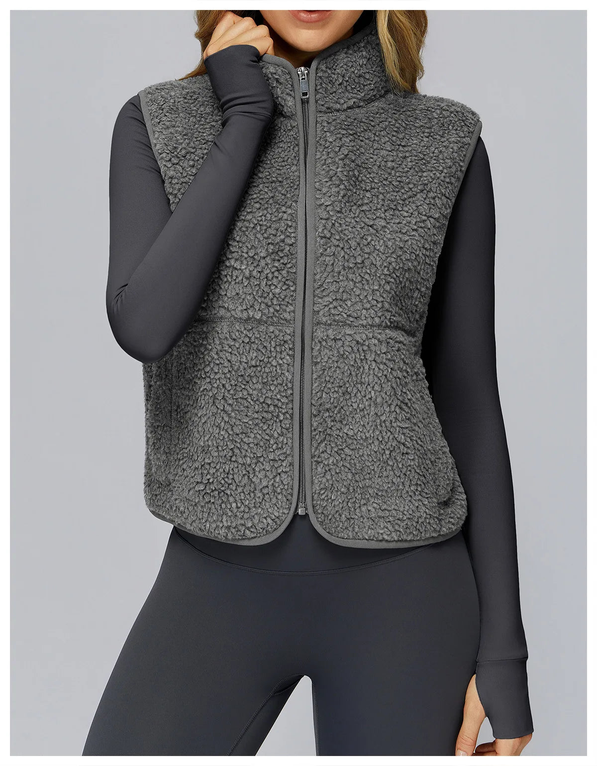 Winter Women's Standing Collar and Velvet Sports Vest Sleeveless Zipper Outerwear Vest Outdoor Running and Fitness Top