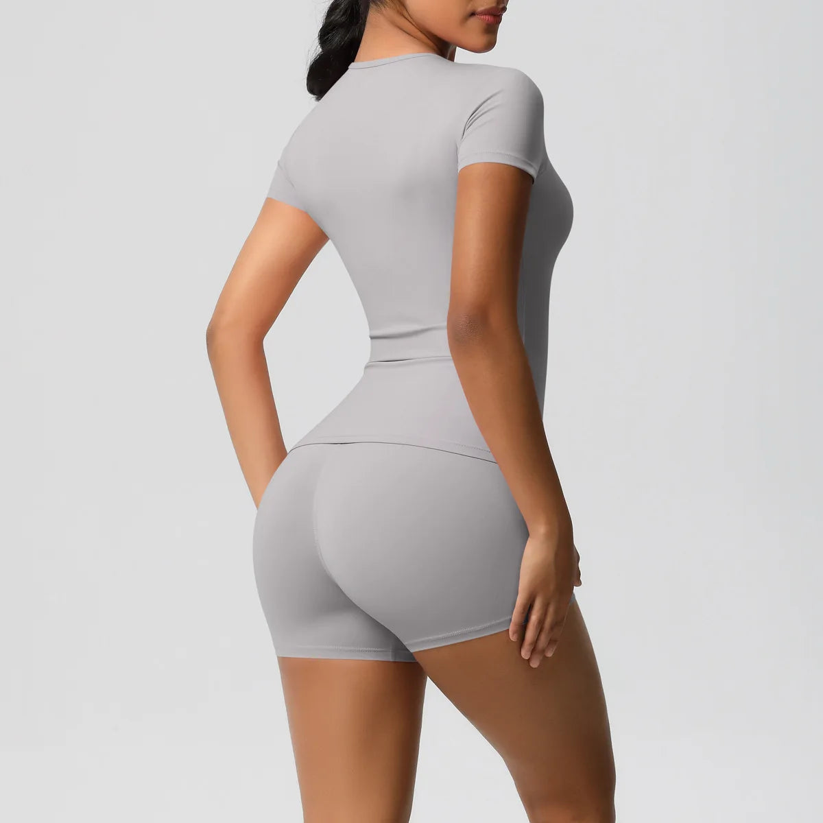 UREN 2PCS Gym Set Summer Short Sleeve Breathable Stretchy GYM Yoga Slim Fitness Active Top Women's Quick-Drying Cycling Short