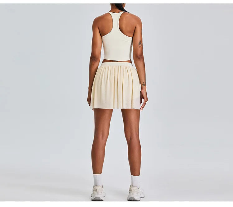 2 Piece Sportswear Leisure Sports Short Skirt Yoga Set Women's Belt Lined Mesh Pleated Tennis Skirt Running Push Up Fitness Suit