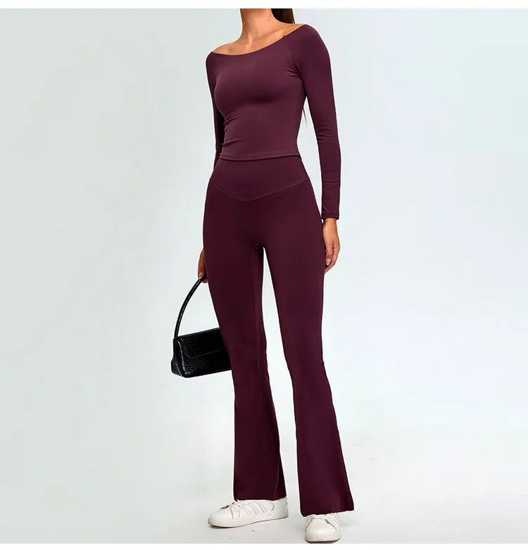 Sexy Off Shoulder Long Sleeved Tops Women's Yoga Long Sleeved Sports T-shirt Top Workout Running Tight Fitting Fitness Clothes