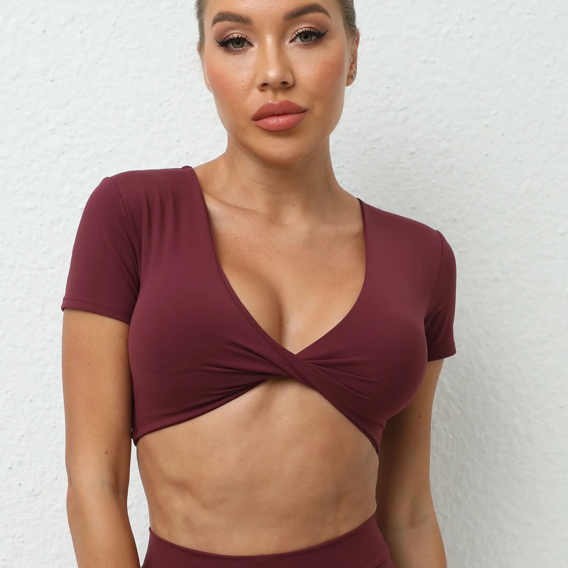 Sexy V Neck Crop Top Women Short Sleeve Yoga Shirt Naked Feeling Fitness Workout Tops Gym Clothes Sportswear Running T-shirts