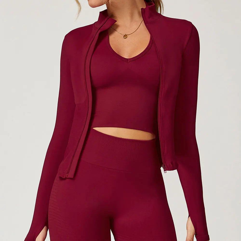 Ribbed Yoga Tops Women's Yoga Long Sleeved Standing Collar Sports Jacket Running Training Fitness Top Gym Workout Running Shirt