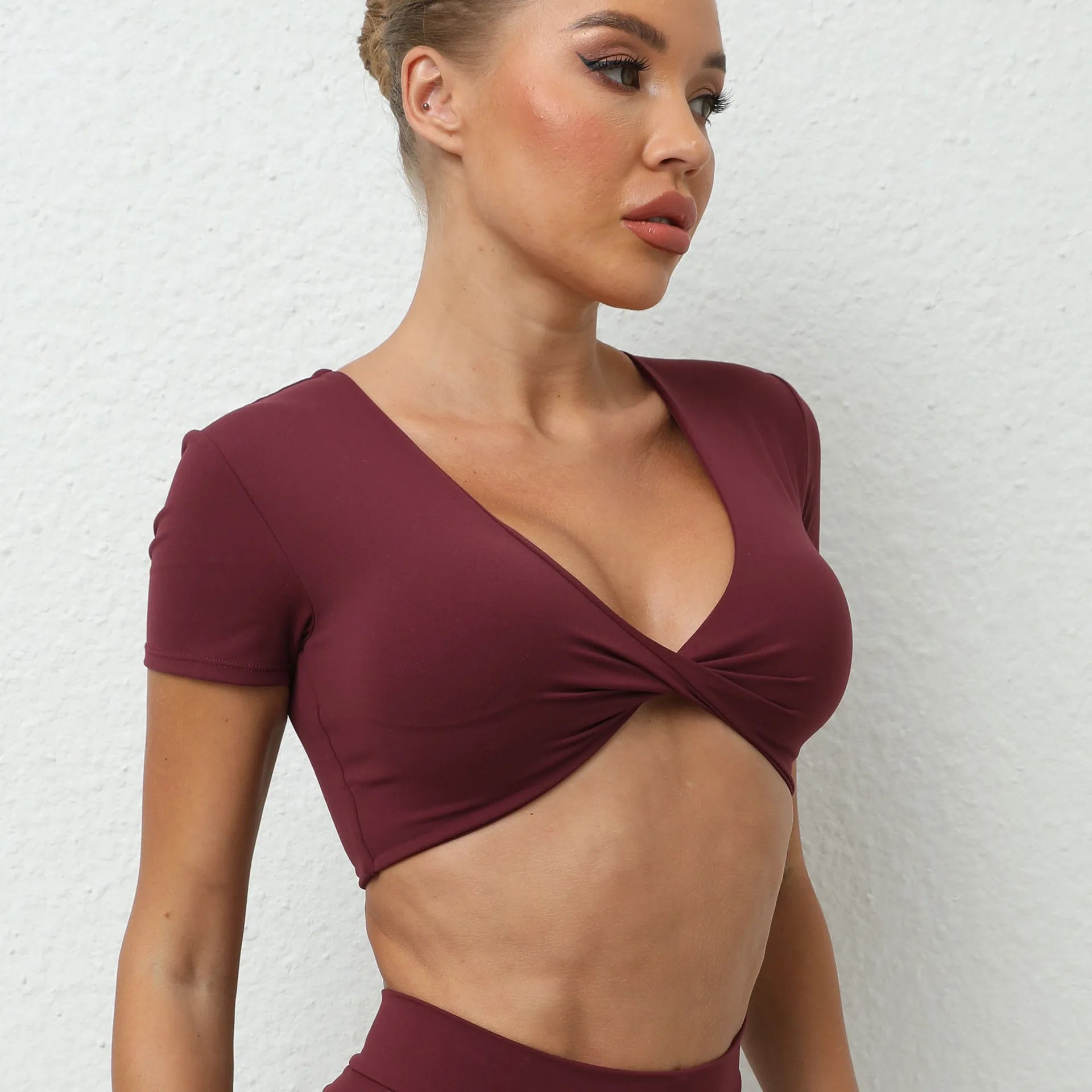 Sexy V Neck Crop Top Women Short Sleeve Yoga Shirt Naked Feeling Fitness Workout Tops Gym Clothes Sportswear Running T-shirts