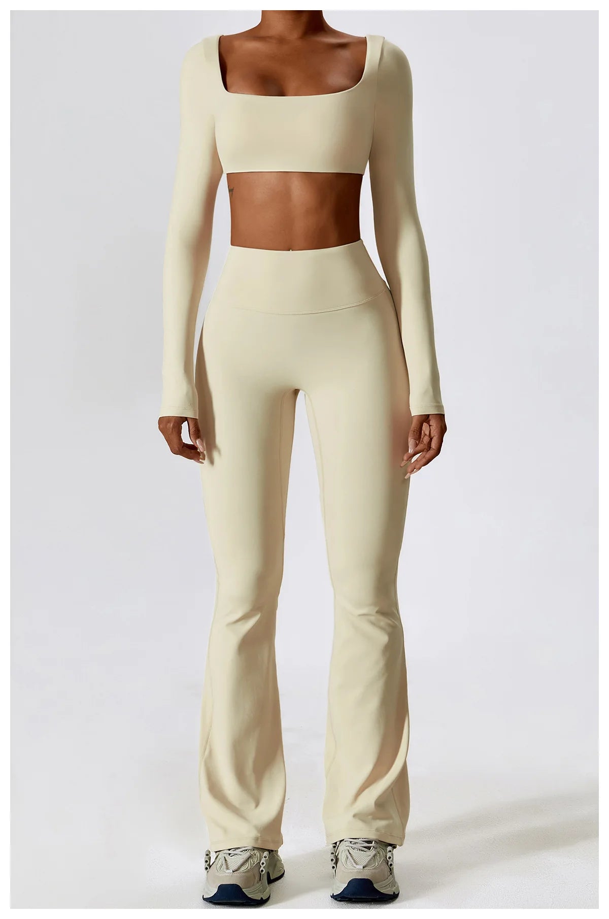 Women Tracksuit Gym Yoga Suit 2PCS Tight Fitting Sports Set Workout Breathable T Shirts Bra Tank Top Loose Bell-bottoms Leggings