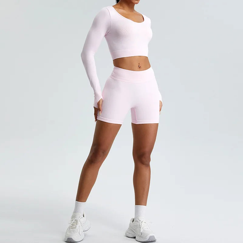 Yoga T-shirts Women Crop Top Solid Sports Top Long Sleeve Seamless Running Shirts Exposed Navel Quick Dry Fitness Gym Sport Wear