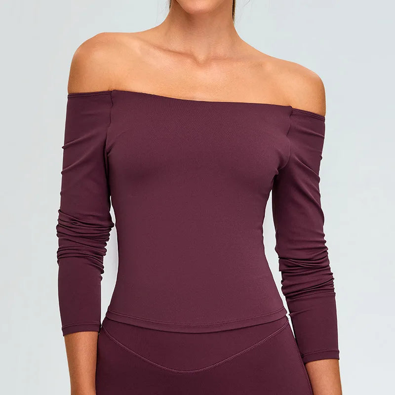 Sexy Off Shoulder Long Sleeved Tops Women's Yoga Long Sleeved Sports T-shirt Top Workout Running Tight Fitting Fitness Clothes