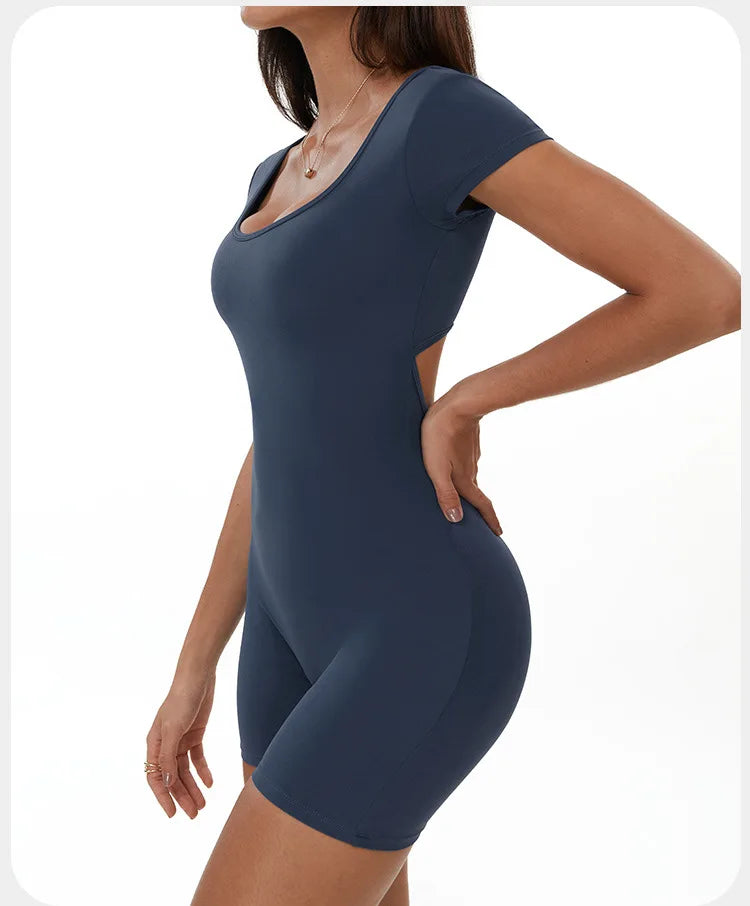 Fitness Jumpsuit Women Tracksuit Sports Short Sleeves Playsuit Running One Piece Yoga Suit Scrunch Shorts Backless Set Rompers