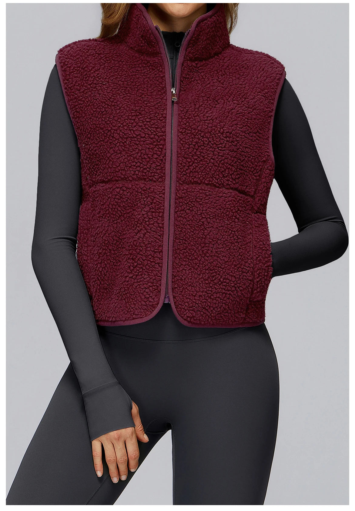 Winter Women's Standing Collar and Velvet Sports Vest Sleeveless Zipper Outerwear Vest Outdoor Running and Fitness Top