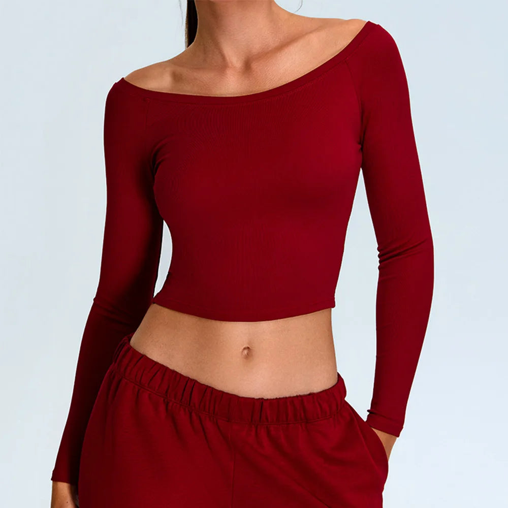 Off Shoulder Long Sleeve Yoga T-shirts Women Solid Sports Top Gym Workout Running Shirts Sexy Quick Dry Fitness Gym Sport Wear