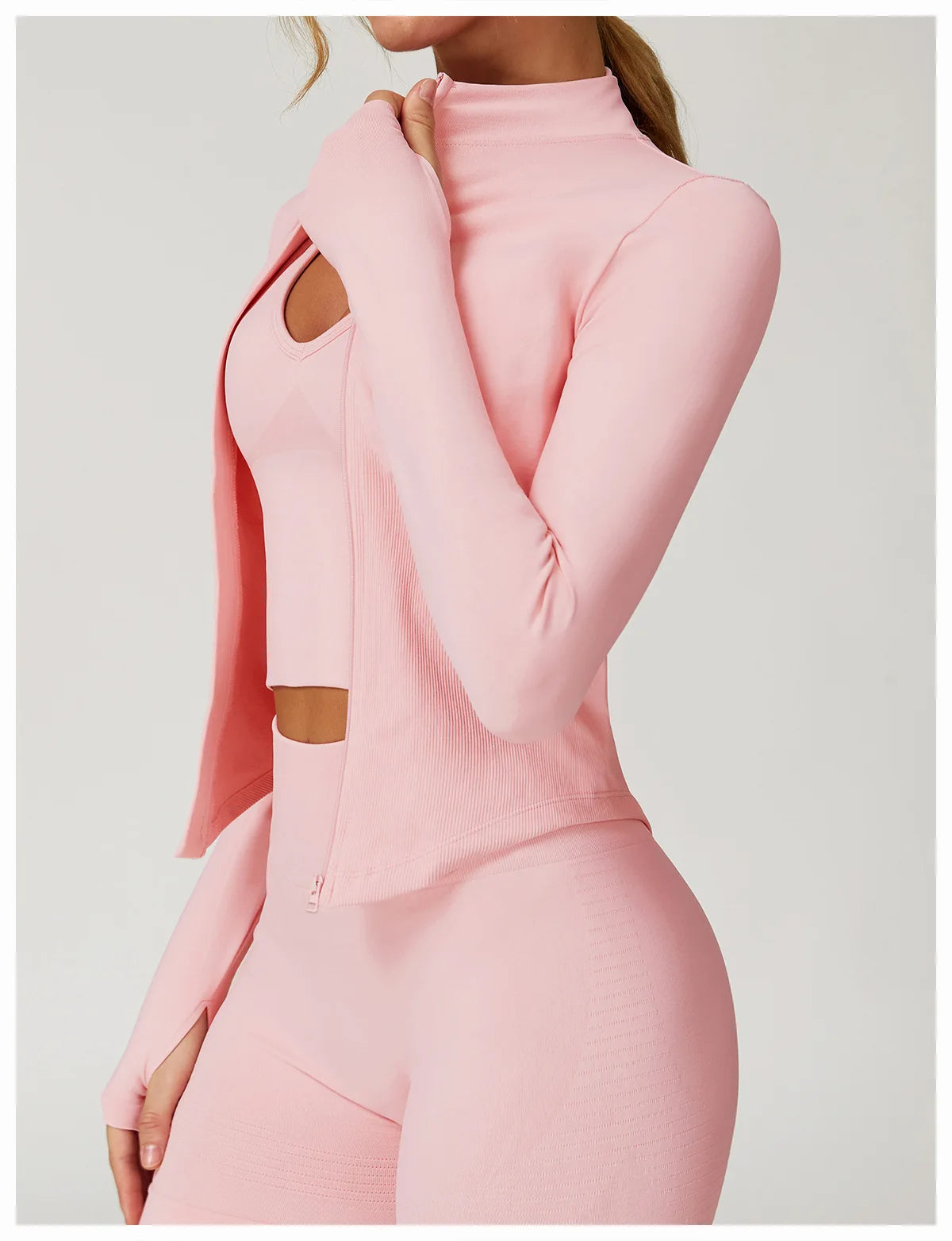 Ribbed Yoga Tops Women's Yoga Long Sleeved Standing Collar Sports Jacket Running Training Fitness Top Gym Workout Running Shirt