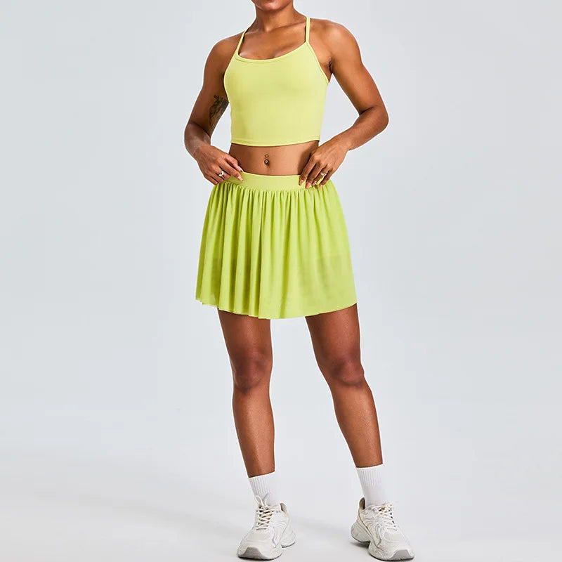 2 Piece Sportswear Leisure Sports Short Skirt Yoga Set Women's Belt Lined Mesh Pleated Tennis Skirt Running Push Up Fitness Suit